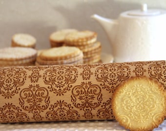 Embossed Rolling Pin Christmas Gift Delicate DAMASK, FLORAL Embossing Laser Engraved Rolling Pin, Gift for Mother, Gift for Her, Big