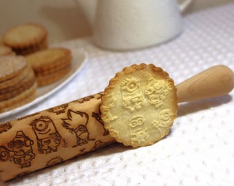 Embossing Rolling Pin, Engraved Yellow Acolyte Cartoon Characters, Monsters, Kids Baking Christmas Gift Texturred Clay, Pottery, Ceramic