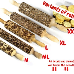 May include: Five wooden rolling pins with engraved floral patterns and wooden handles. The rolling pins are labeled M, ML, L, XL, and XXL. The image also includes the text "Variants of rolling pins."