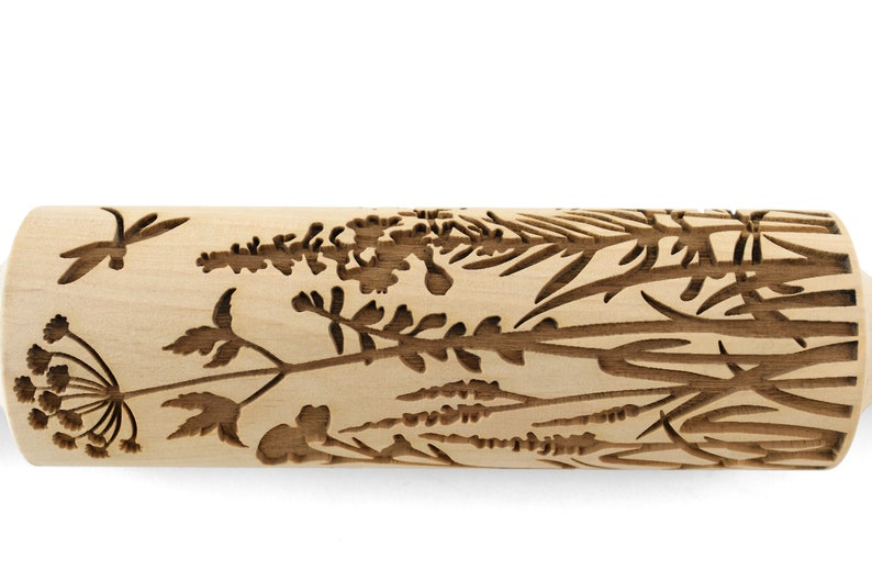 Rolling Pin Embossed, Wild Flowers and Herbs, Meadow Blooming Engraved Roling Pin, Clay Stamp, Pottery Roller, Ceramics Tool, Christmas Gift image 6