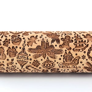 Christmas Rolling Pin Embossed, Snowflake, Santa Claus, Baking Gift, Shortbread Sugar Cookies, Clay Stamp