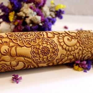 FLOWERS Embossing Rolling Pin, CHRISTMAS GIFT, Laser Engraved Rolling Pin, Floral Paisley 2 , Embossed Dough Roller, Gift, Rolling Pin, Big