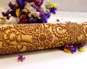 FLOWERS Embossing Rolling Pin, CHRISTMAS GIFT, Laser Engraved Rolling Pin, Floral Paisley 2 , Embossed Dough Roller, Gift, Rolling Pin, Big