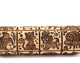 Embossed Rolling Pin, Animal Sugar Cookies, Kids Baking,  Christmas Gift, Dog, Cat, Hyppo, Monkey, Hadgehog, Fish, Sheep, Fox, Chicken, Bird