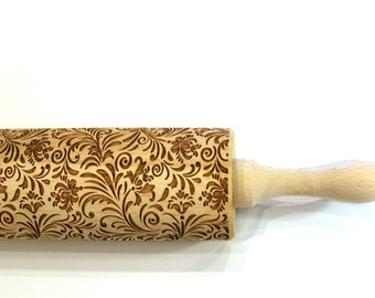 FLOWERS SWIRLS Embossing Rolling Pin, Christmas Gift, Laser Engraved Rolling Pin, FLORAL Pattern, Embossed Dough Roller, Rotating Big