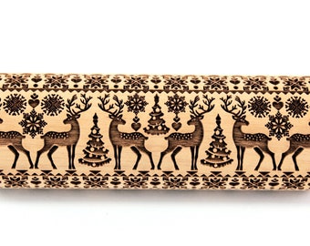 Christmas Reindeer Rolling Pin Embossed, Scandinavian Pattern, Sweater, Shortbread Sugar Cookies, Clay Stamp