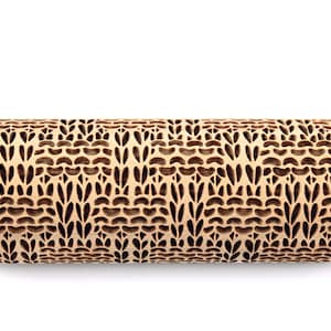 May include: A wooden rolling pin with a detailed, carved floral pattern. The rolling pin is made of light-colored wood and features a repeating design of leaves and curved shapes. The ends of the rolling pin are also made of wood.