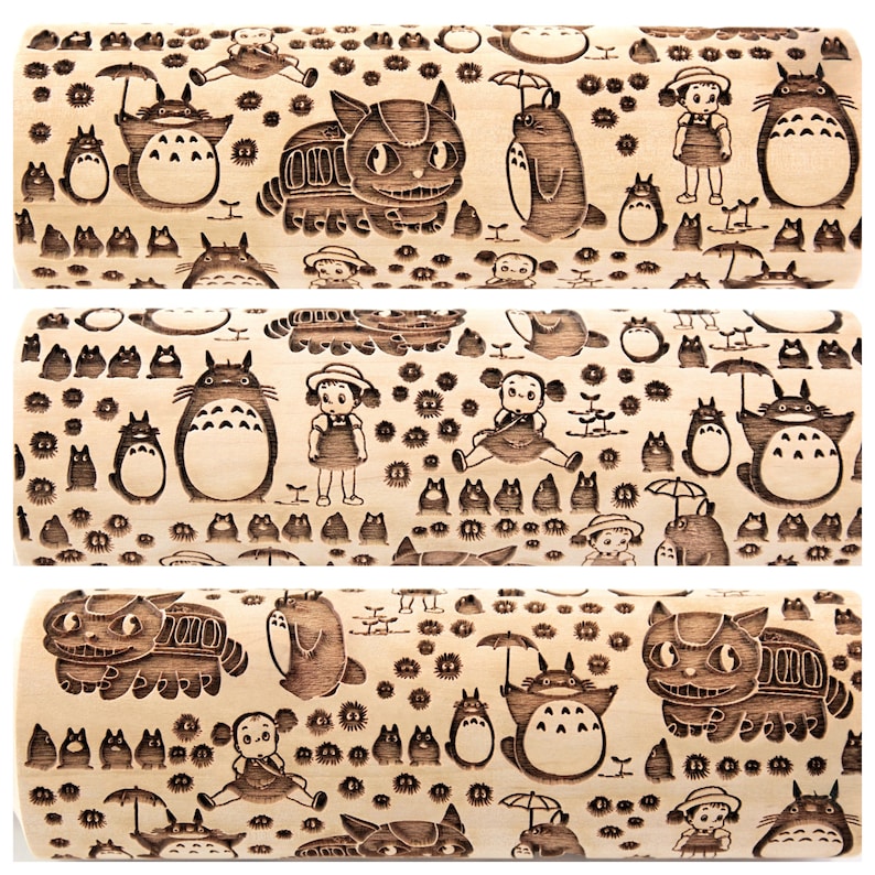 Puede incluir: Un rodillo de madera con un patr&oacute;n repetitivo de un gato de dibujos animados, un personaje de dibujos animados con una cabeza grande y orejas, y un peque&ntilde;o personaje de dibujos animados con un vestido y coletas. El fondo est&aacute; lleno de peque&ntilde;os ojos de dibujos animados.