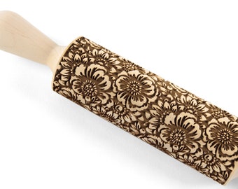 Embossing Rolling Pin Camelia Blooming, Texturing Tool for Cookies, Pottery or Ceramics, Clay Stamp, Hand Roller, Christmas Gift for Mom