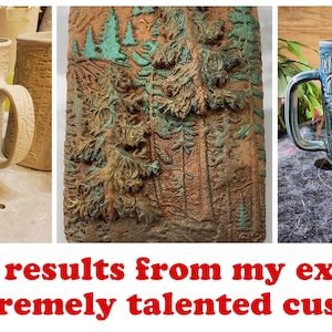 May include: A collage of ceramic art pieces. Two beige mugs with forest designs and large handles are on the left. A brown and green relief sculpture of a forest is in the center. Two blue mugs with forest designs are on the right.