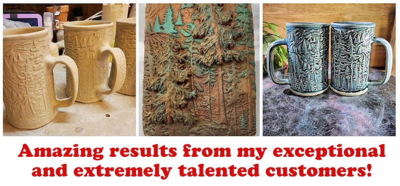 May include: A collage of ceramic art pieces. Two beige mugs with forest designs and large handles are on the left. A brown and green relief sculpture of a forest is in the center. Two blue mugs with forest designs are on the right.