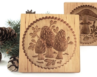 Wooden Cookie Mold, Embossed Morel Mushrooms, Springerle Mold, Xmas Cookie Cutter, Cookie Embosser, Gingerbread, Speculaas, Clay Mold, Gift