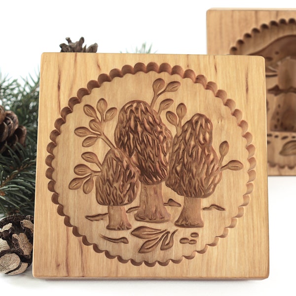 Wooden Cookie Mold, Embossed Morel Mushrooms, Springerle Mold, Xmas Cookie Cutter, Cookie Embosser, Gingerbread, Speculaas, Clay Mold, Gift