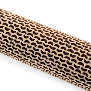 May include: A wooden rolling pin with a repeating wave pattern carved into the rolling surface. The handles are a lighter wood color, contrasting with the darker, patterned rolling surface. This kitchen tool is designed for baking.