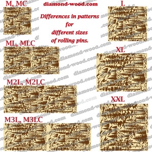 May include: Image showcasing various sizes of rolling pins with different patterns. The text highlights the differences in patterns for different sizes, with labels like M, L, XL, and XXL. The rolling pins feature a brown and beige design.