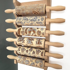 6 Rolling Pins Display Rack, Rolling Pin Holder, Wooden Shelf for Rolling Pin Storage Wall Mount, Kitchen Wall Decor, Christmas Gift For Her