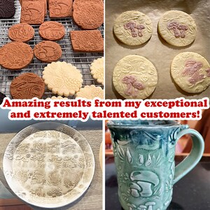 May include: A collection of ceramic cookie cutters in various shapes, including mushrooms, trees, and leaves. The cutters are displayed on a baking sheet and a plate. The image also shows a ceramic mug with a mushroom design.