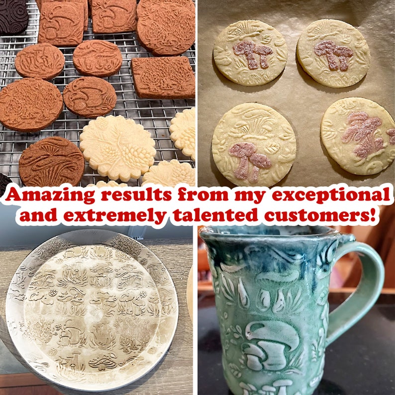 May include: A collection of ceramic cookie cutters in various shapes, including mushrooms, trees, and leaves. The cutters are displayed on a baking sheet and a plate. The image also shows a ceramic mug with a mushroom design.