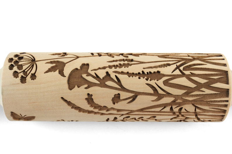 Rolling Pin Embossed, Wild Flowers and Herbs, Meadow Blooming Engraved Roling Pin, Clay Stamp, Pottery Roller, Ceramics Tool, Christmas Gift image 3