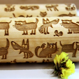 Engraved  Rolling Pin Funny CAT & DOG Embossing , Pattern Roller, Embossed Dough Roller, Dough Roller, Laser Engraved