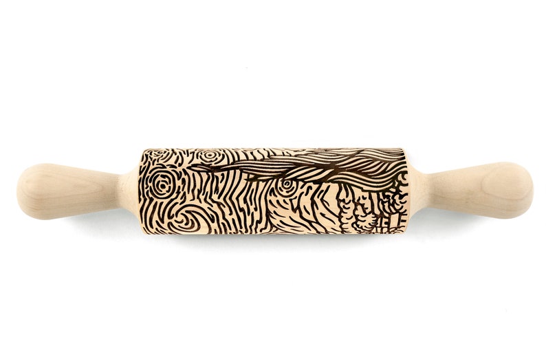 Rolling Pin Embossed Starry Night Van Gogh for Clay, Ceramics, Cookie Stamp, Clay Mold Pottery Tool, Shortbread, Clay Roller, Christmas Gift image 5