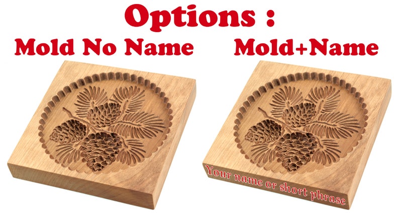 Puede incluir: Dos moldes de galletas de madera con un dise&ntilde;o de pi&ntilde;a. El molde de la izquierda no tiene texto. El molde de la derecha tiene el texto "Your name or short phrase" en la parte inferior.