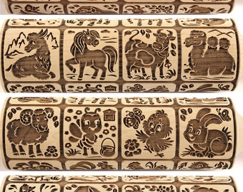 Embossed Rolling Pin Home Animals Textured Cookies Christmas Gift Springerle Mold Clay Roller Pottery Stamp Ceramic Tool Kids Baking