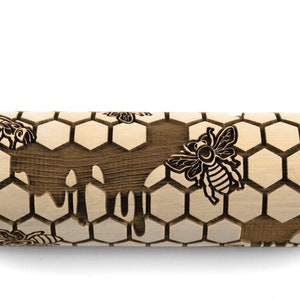 Embossing Rolling Pin Bees and Honey on Honeycomb, Texturing Tool for Cookies, Pottery or Ceramics, Clay Roller, Christmas Gift for Her