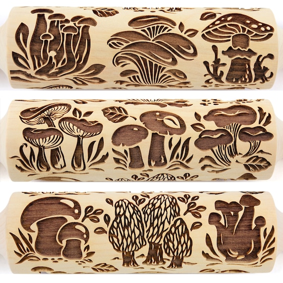 Mushrooms Rolling Pin Embossed Textured Cookies Shortbread Christmas Gift Springerle Mold Clay Roller Pottery Stamp Ceramic Tool