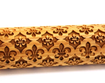 Rolling Pin Fleur de Lis 4 Engraved Embossing Rolling Pin, Embossed Dough Roller, Christmas Gift, Pattern Roller, Laser Engraved Rolling Pin