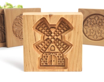 Wooden Cookie Mold Windmill, Springerle Mold, Xmas Cookie Cutter, Cookie Embosser, Gingerbread, Speculaas, Clay Mold, Gift