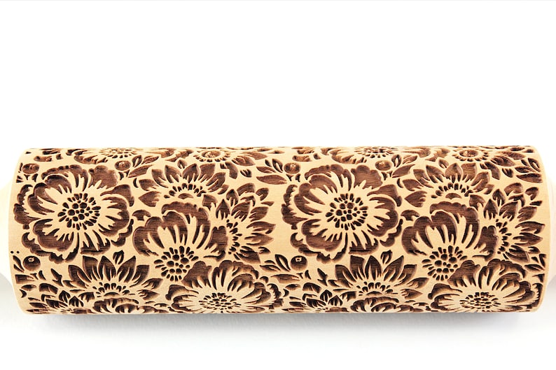 Camelia Rolling Pin Embossed Flowers Textured Cookies Shortbread Christmas Gift Clay Roller Pottery Stamp image 1