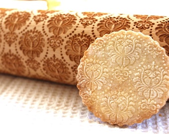 DAMASK Rolling Pin Christmas Gift, FLOWERS Embossing Laser Engraved Rolling Pin, Damask Pattern, Embossed Dough Roller, Gift for Mother, Big