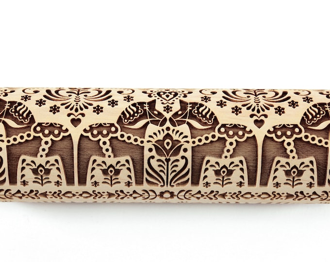 Rolling Pin Embossed Norvegian Folk Dala Horse Textured Cookies Christmas Gift Springerle Mold Clay Roller Pottery Stamp Ceramic Tool