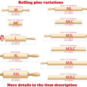 May include: A diagram showing different sizes of rolling pins with their measurements in inches and millimeters. The rolling pins are made of wood and have handles on both ends. The sizes are labeled as M, MC, L, XL, XXL, ML, MLC, M2L, M2LC, M3L, and M3LC.