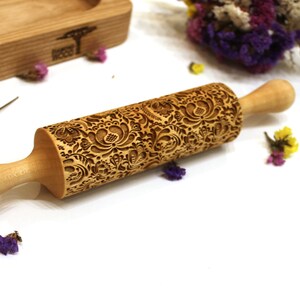 Flowers Embossed Rolling Pin, Laser Engraved Patterned, Rosemailing Floral Folk Pattern, Embossing Dough Roller, Christmas Gift, 3 image 4