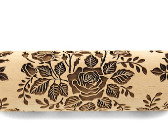 Rolling Pin Embossed for Ceramics, Roses Cookie Stamp, Clay Mold, Pottery Tool, Shortbread, Sugar Cookies, Christmas Gift