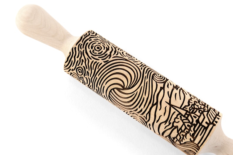 Rolling Pin Embossed Starry Night Van Gogh for Clay, Ceramics, Cookie Stamp, Clay Mold Pottery Tool, Shortbread, Clay Roller, Christmas Gift image 6