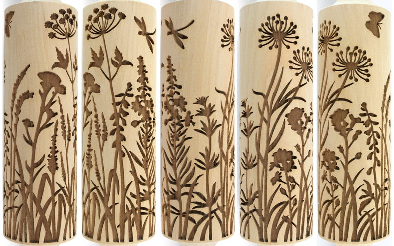 Rolling Pin Embossed, Wild Flowers and Herbs, Meadow Blooming Engraved Roling Pin, Clay Stamp, Pottery Roller, Ceramics Tool, Christmas Gift image 1