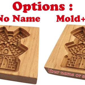 Puede incluir: Dos moldes de galletas de madera con forma de molinos de viento. El molde de la izquierda no tiene texto. El molde de la derecha tiene el texto "Tu nombre o una frase corta" grabado en la parte inferior.