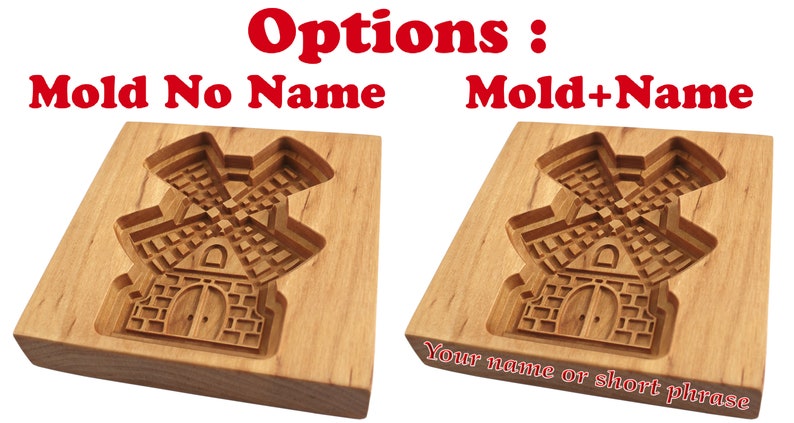 Puede incluir: Dos moldes de galletas de madera con forma de molinos de viento. El molde de la izquierda no tiene texto. El molde de la derecha tiene el texto "Tu nombre o una frase corta" grabado en la parte inferior.