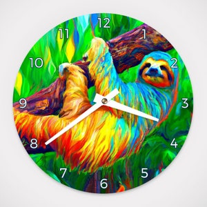 May include: A colorful clock featuring a sloth hanging from a tree branch. The sloth is painted in vibrant shades of blue, yellow, orange, and red. The clock face has black numbers and a white clock hand.