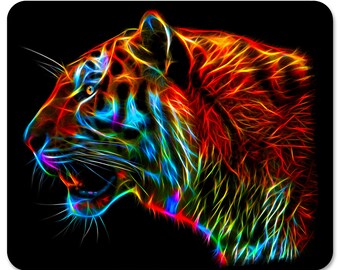 May include: A colorful, abstract tiger head with glowing lines of red, orange, yellow, green, blue, and purple.