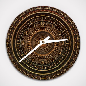May include: A round, gold and brown clock with a detailed, intricate design. The clock face has Roman numerals and a white hour and minute hand.
