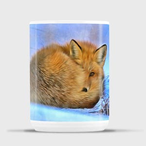 Curled up Fox 11 or 15oz Mug, Fox Mug, Red Fox, Wildlife Mug, Snow, Digital Art, Gift for Her, Gift for Him