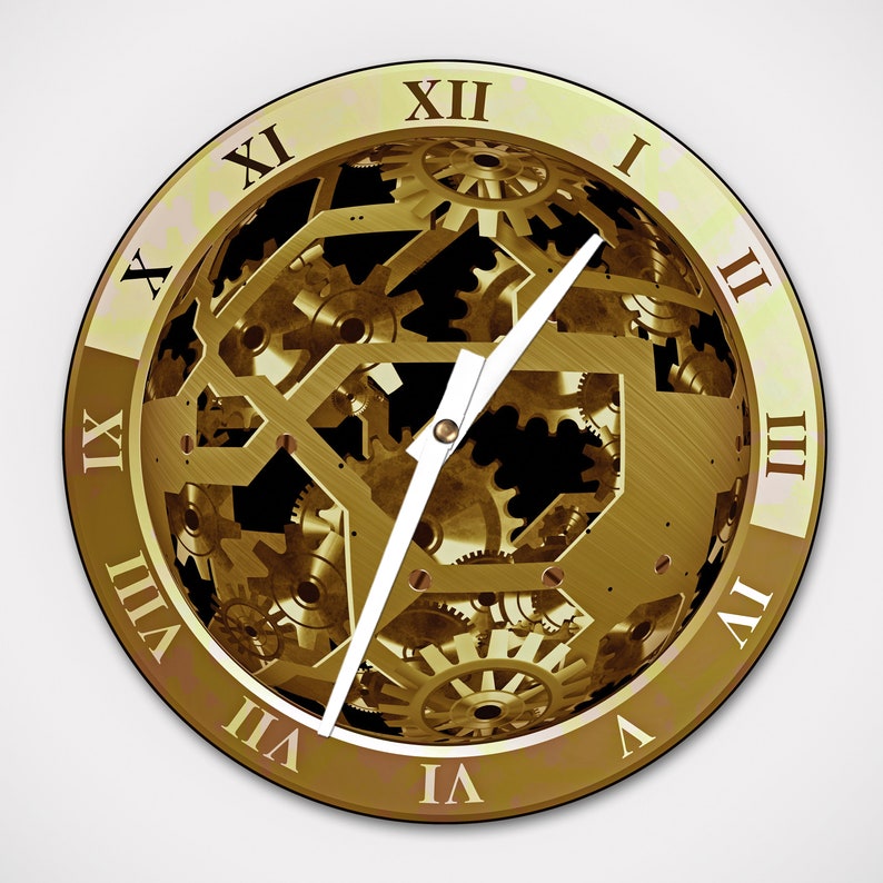 Gold Gear Clock Aluminum Round Wall Clock 8.125, or Hardboard Round