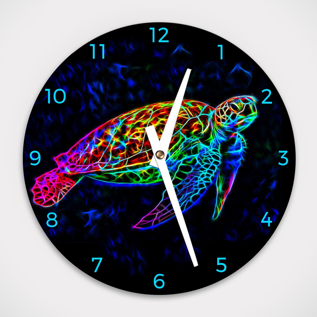 Sea Turtle Neon Color Aluminum Round Wall Clock 8.125