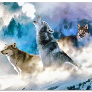 May include: Three wolves howling at the moon in a snowy, foggy forest. The wolves are in a variety of poses, with one wolf howling at the sky, one wolf looking to the side, and one wolf looking straight ahead. The background is a blue and purple sky with white clouds.