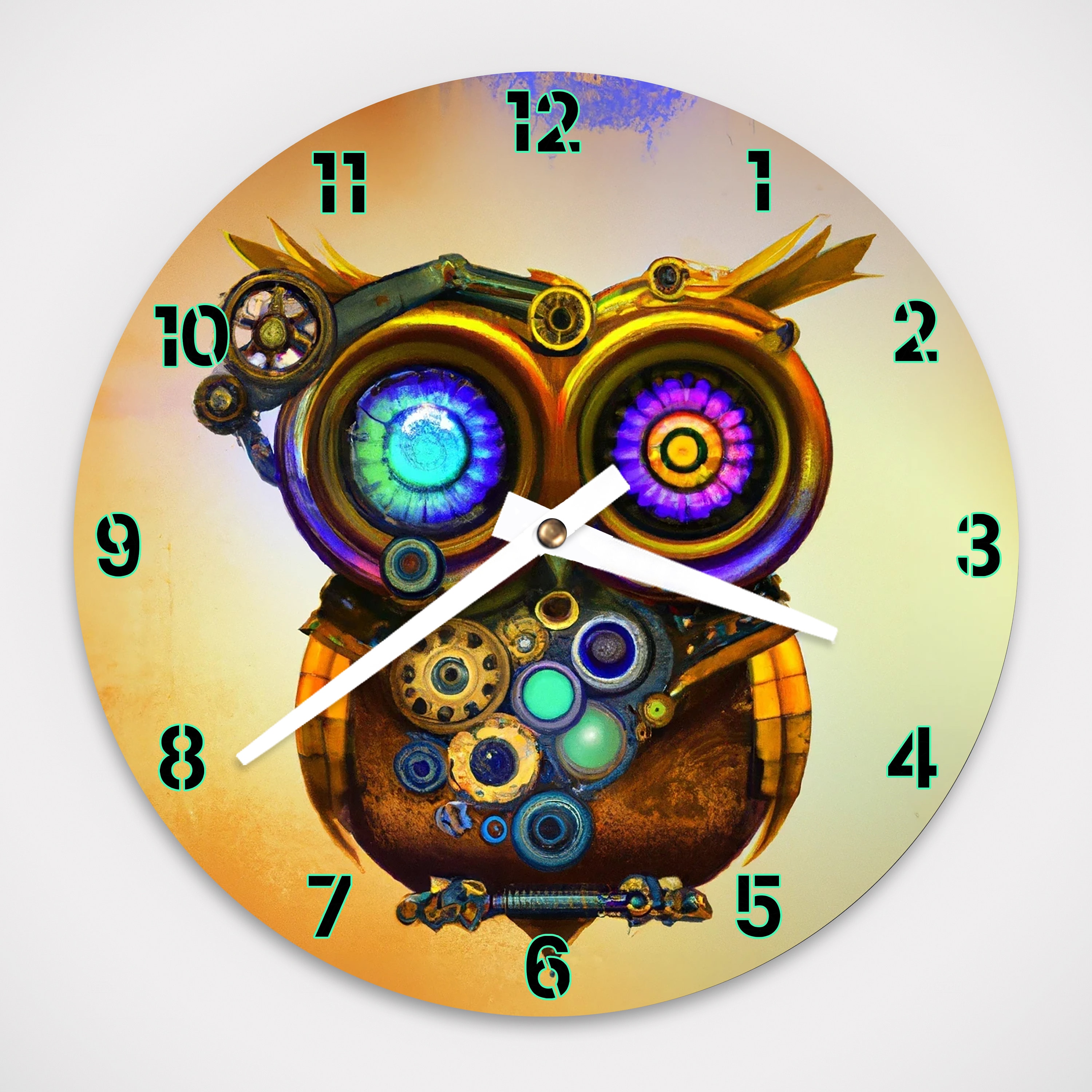 Steampunk Owl Aluminum Round Wall Clock 8.125", or Hardboard Round Wall Clock 11.4"- Batte