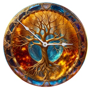 May include: A round clock with a gold frame and a tree of life design. The tree is gold with blue and orange accents. The clock face is surrounded by a decorative border.